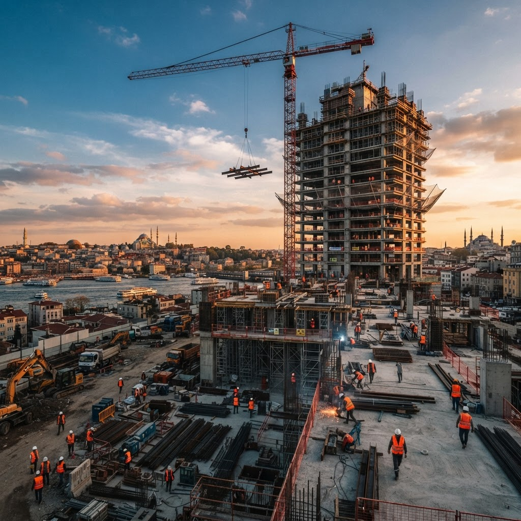 Kadıköy'de yükselen modern inşaat şantiyesi ve kule vinç